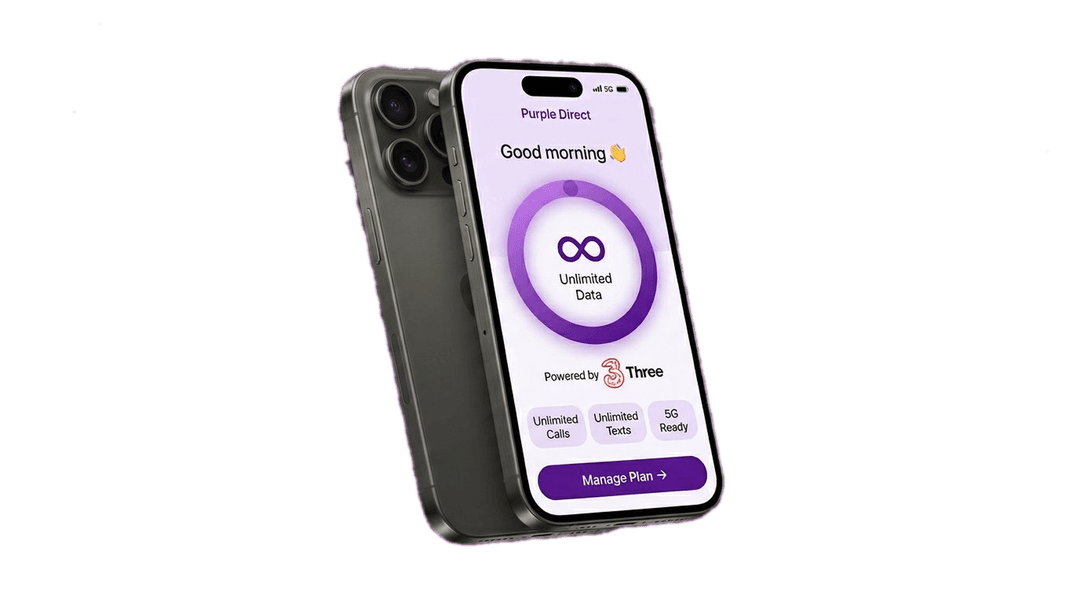 Purple Direct plan details showing 30GB data plan powered by Three network