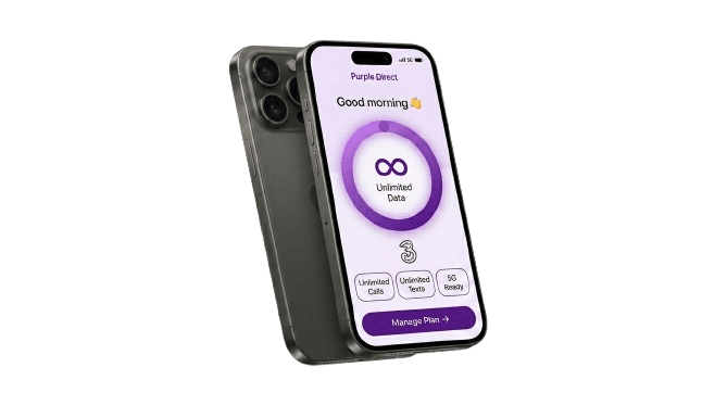 Purple Direct plan details showing 30GB data plan powered by Three network